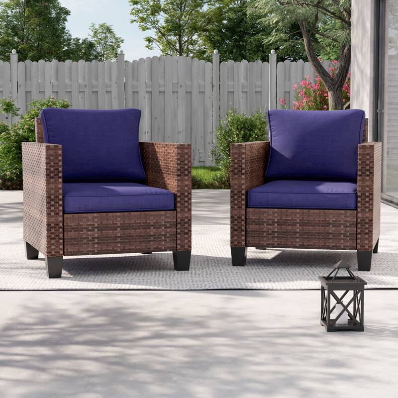 BONOSUKI 2Pcs Patio Single Sofa Set Brown Rattan Outdoor Furniture Set - Navy Blue