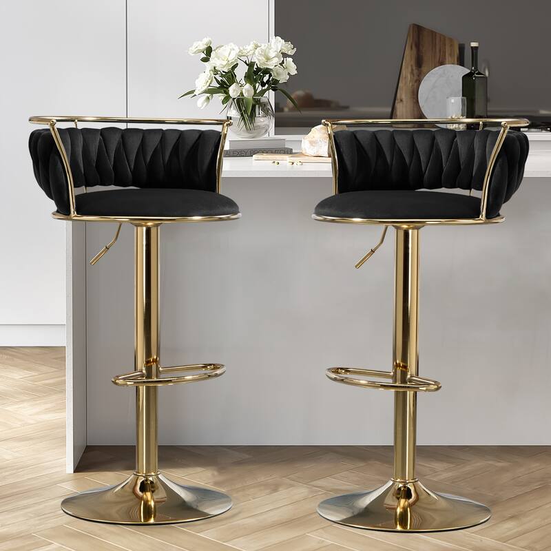 Modern Velvet Adjustable Swivel Bar Stools Set of 2 - Black