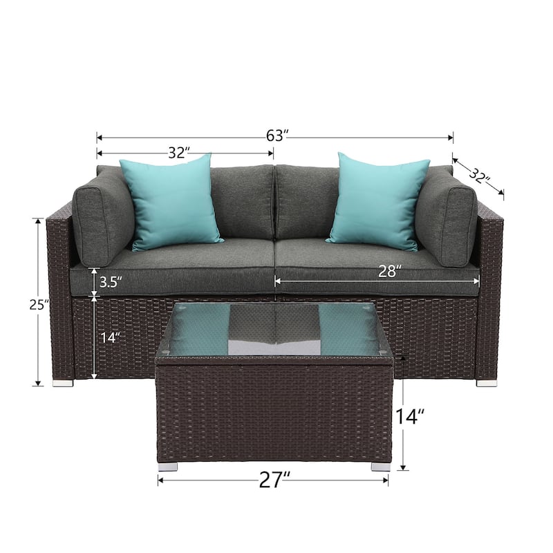 COSIEST 3-Piece Outdoor Furniture Set Brown Wicker Sectional Sofa With Cushions, Glass-Top Coffee Table,Pillows