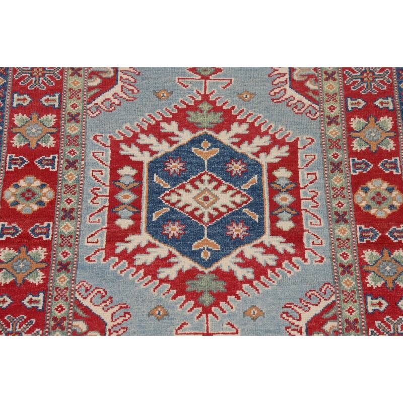 Light Blue Geometric Kazak Rug Handmade Traditional Wool Carpet - 3'0" x 4'11"