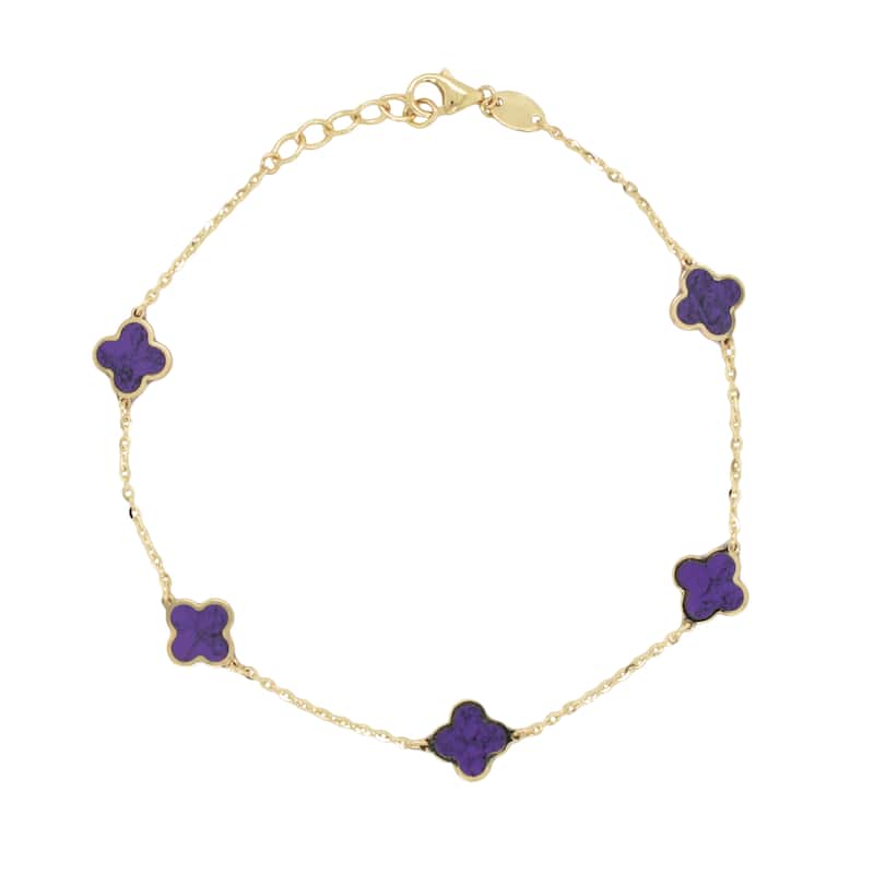 Italian Gold 14K Yellow Gold Clover Gemstone Bracelet - Made in Italy 7mm Clover Size 1.40 grams - Amethyst