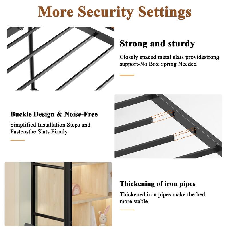 Twin Size Loft Bed Frame With Storage, Easy To Assemble, The Slats Are Securely Fastened To The Metal Frame With A Buckle Design
