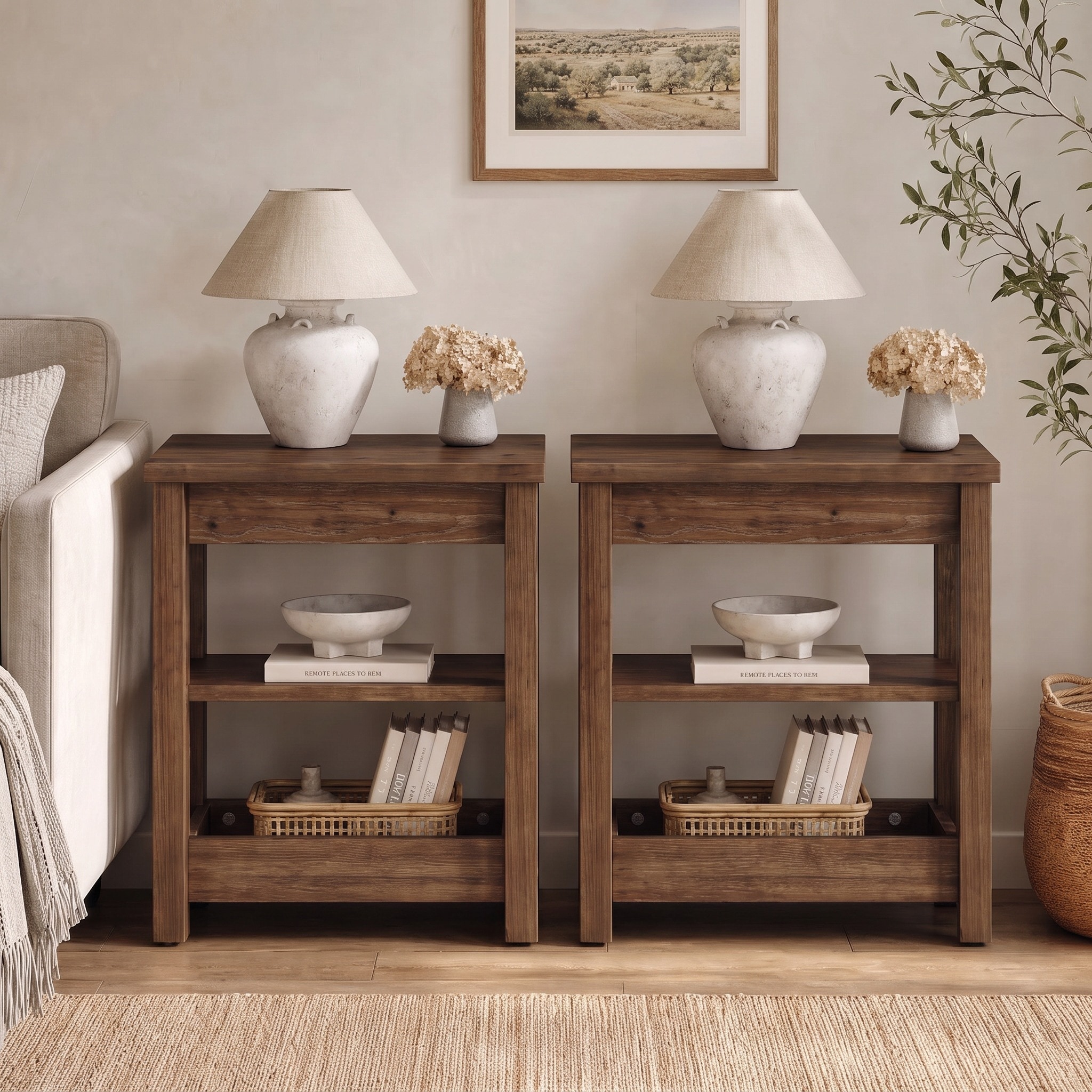 Solid Wood End Table Set of 2, 23.6 Inch Side Table with Storage Shelf for Living Room