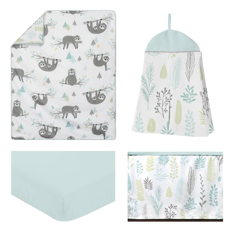 Sweet Jojo Designs Blue Grey Jungle Sloth Leaf Unisex 4pc Nursery Crib Bedding Set - Turquoise Gray Green Tropical Rainforest