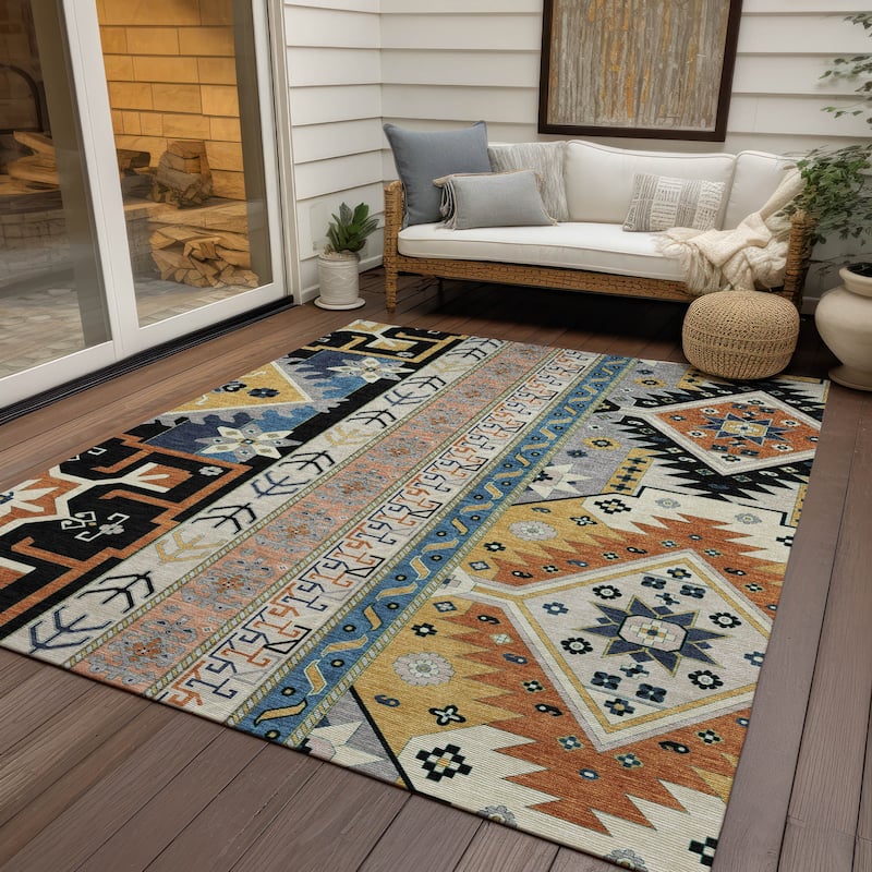 Machine Washable Indoor/ Outdoor Boho Tribal Chantille Rug - Black - 3' x 5'