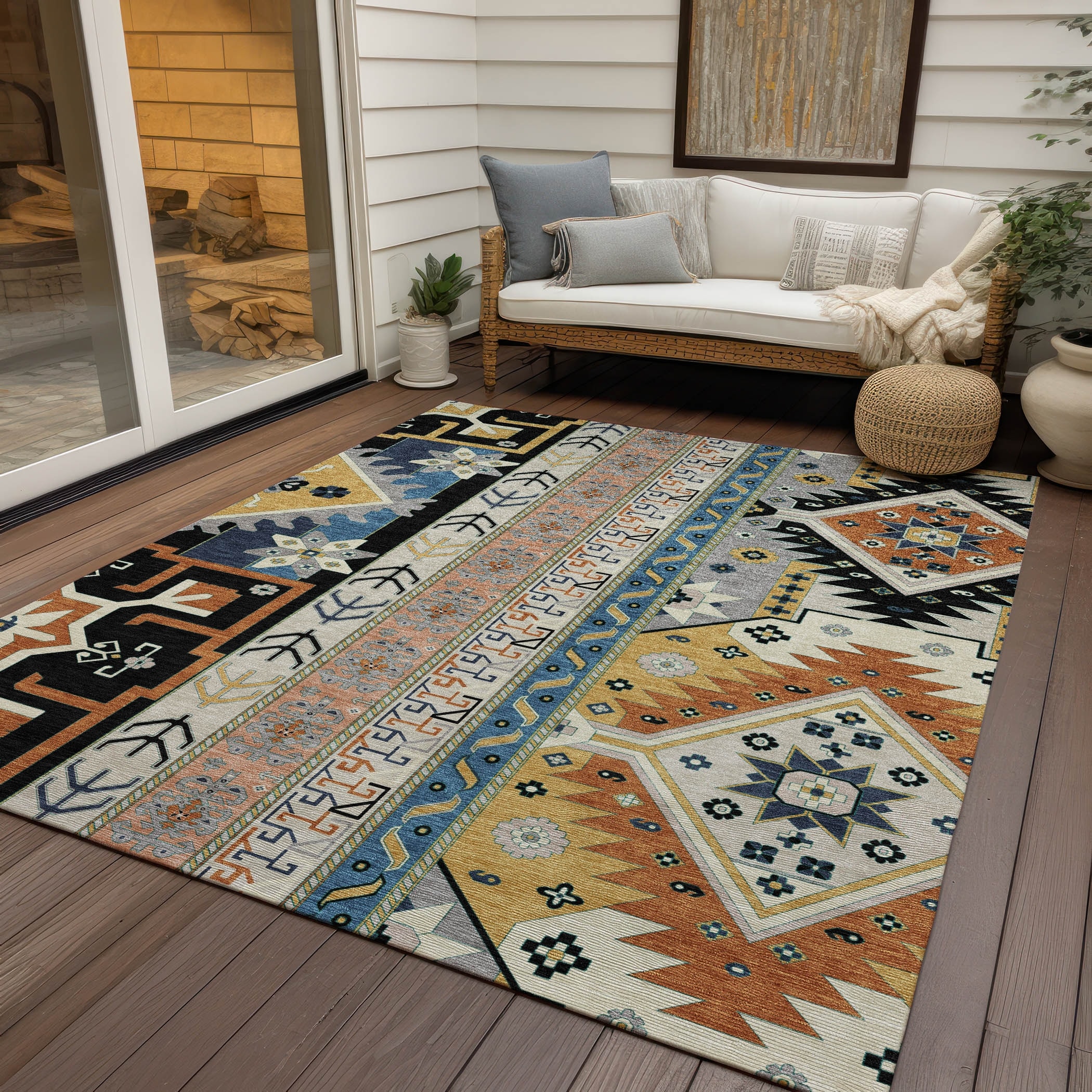 Machine Washable Indoor/ Outdoor Boho Tribal Chantille Rug
