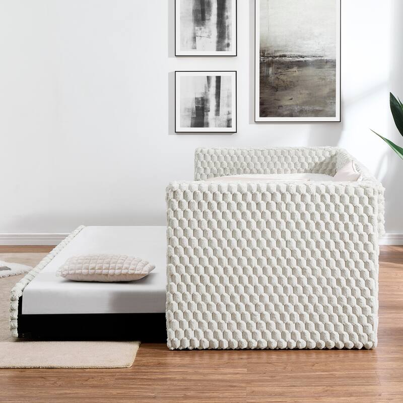 Modern Twin Size Upholstered Sofa Bed with Pull-Out Feature, Beige Plaid Corduroy Fabric