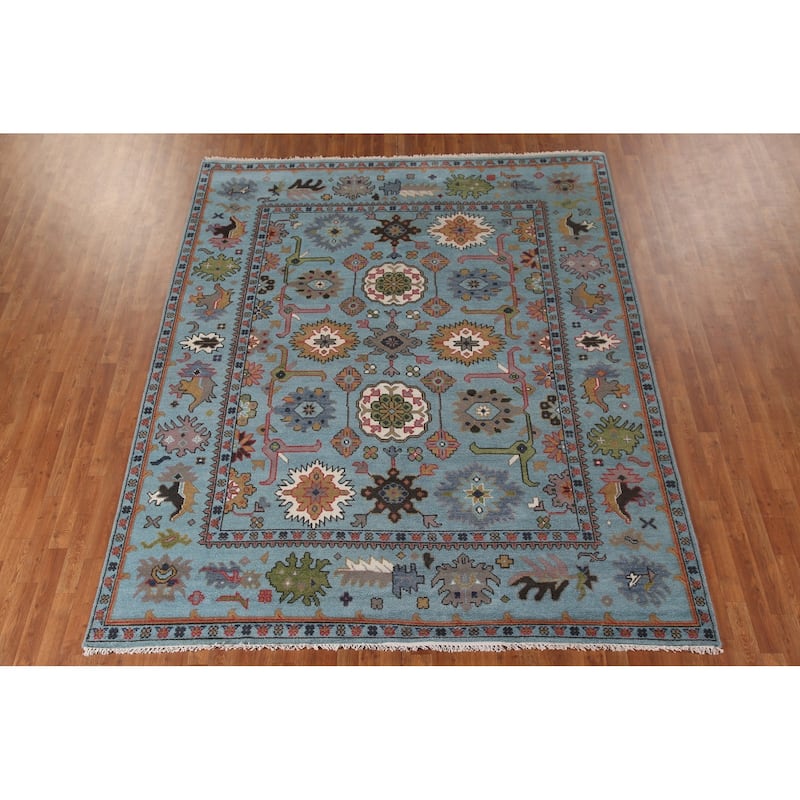 Blue Geometric Oushak Oriental Area Rug Handmade Wool Carpet - 8'2"x 9'9"