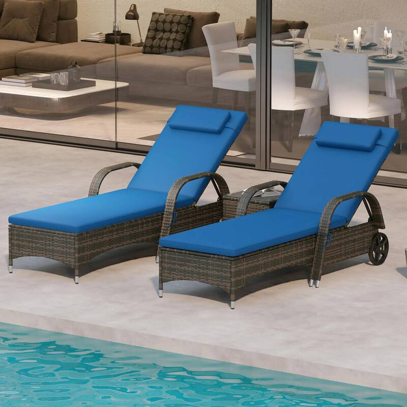 2PCS Patio Chaise Lounge,Adjustable PE Rattan,Cushioned,Weatherproof - Blue