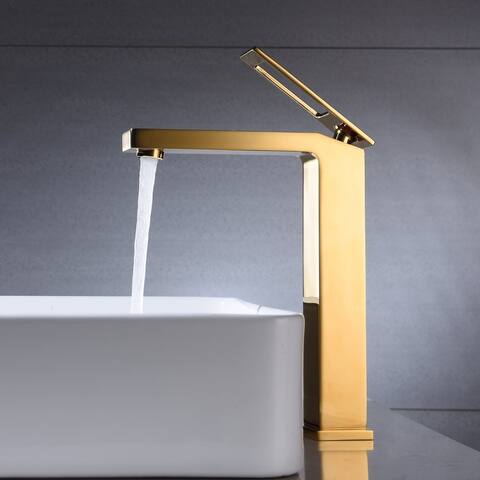 Brushed Gold Single Handle Bathroom Sink Faucet One Hole Deck Mount with pop up overflow drain - 8'2" x 11'5"