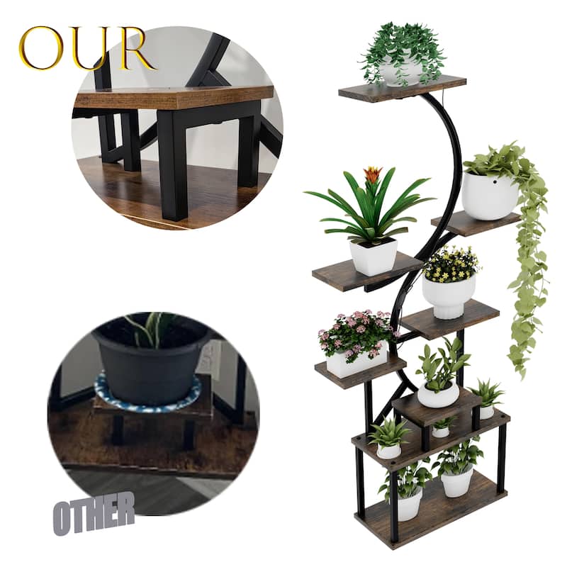 8-Tier Rustic Brown Plant Stand with Grow Lights Indoor Shelf Rack for Living Room Decor - 28.30”L x 10.20”W x 62”H