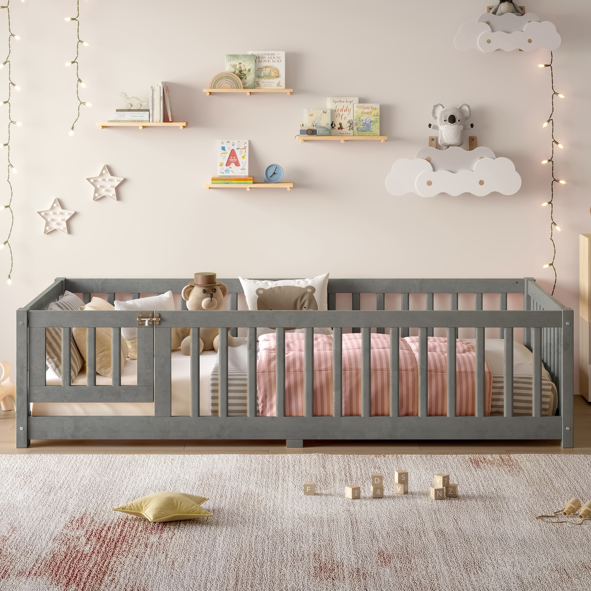 Twin Size Bed Floor Bed with Safety Guardrails and Door for Kids, Wood Grain