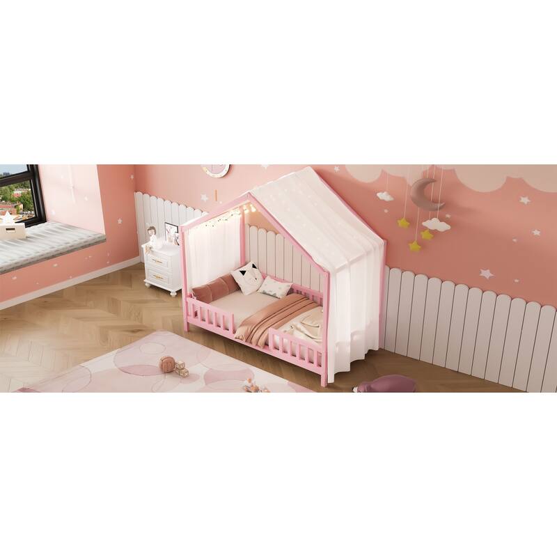 House-Shaped Twin Bed with Canopy and Railings for Kids, Pink Wooden Toddler Bed Frame