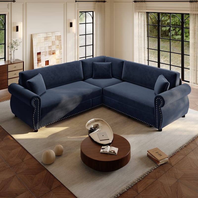 88.2" L-Shaped Sleeper Sectional Sofa with Pull-Out Bed - Chenille Convertible Couch, Nailhead Trim, for Living Room