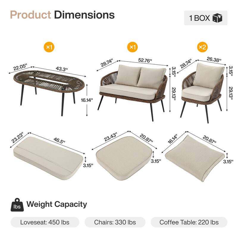 4-Person Outdoor Wicker Patio Conversation Seating Set with Coffee Table, Weather-Resistant Cushions