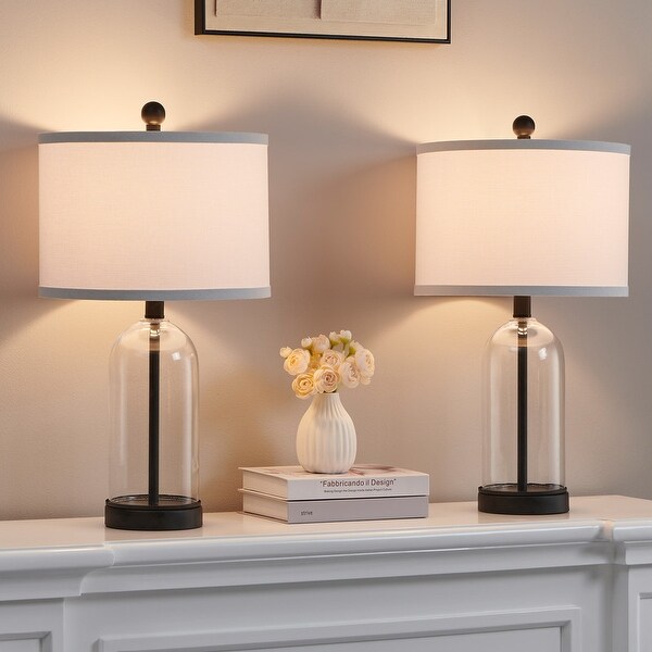 22 in. Black Bedside Table Lamp Set with Clear Glass Base and White Linen Shade Set of 2