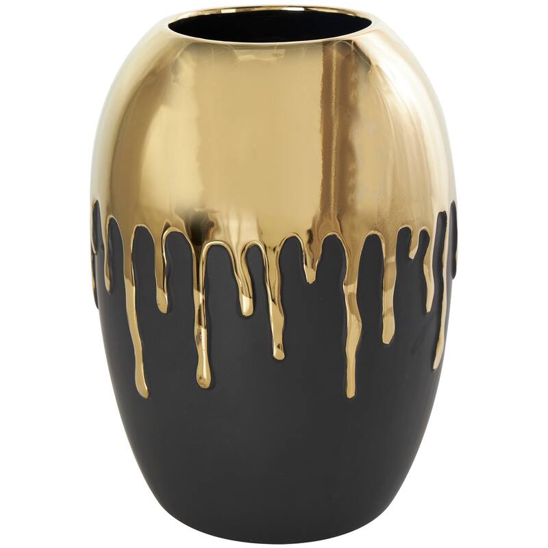 CosmoLiving by Cosmopolitan Black Ceramic Decorative Vase with Abstract Gold Melting Drips - 9 x 9 x 13