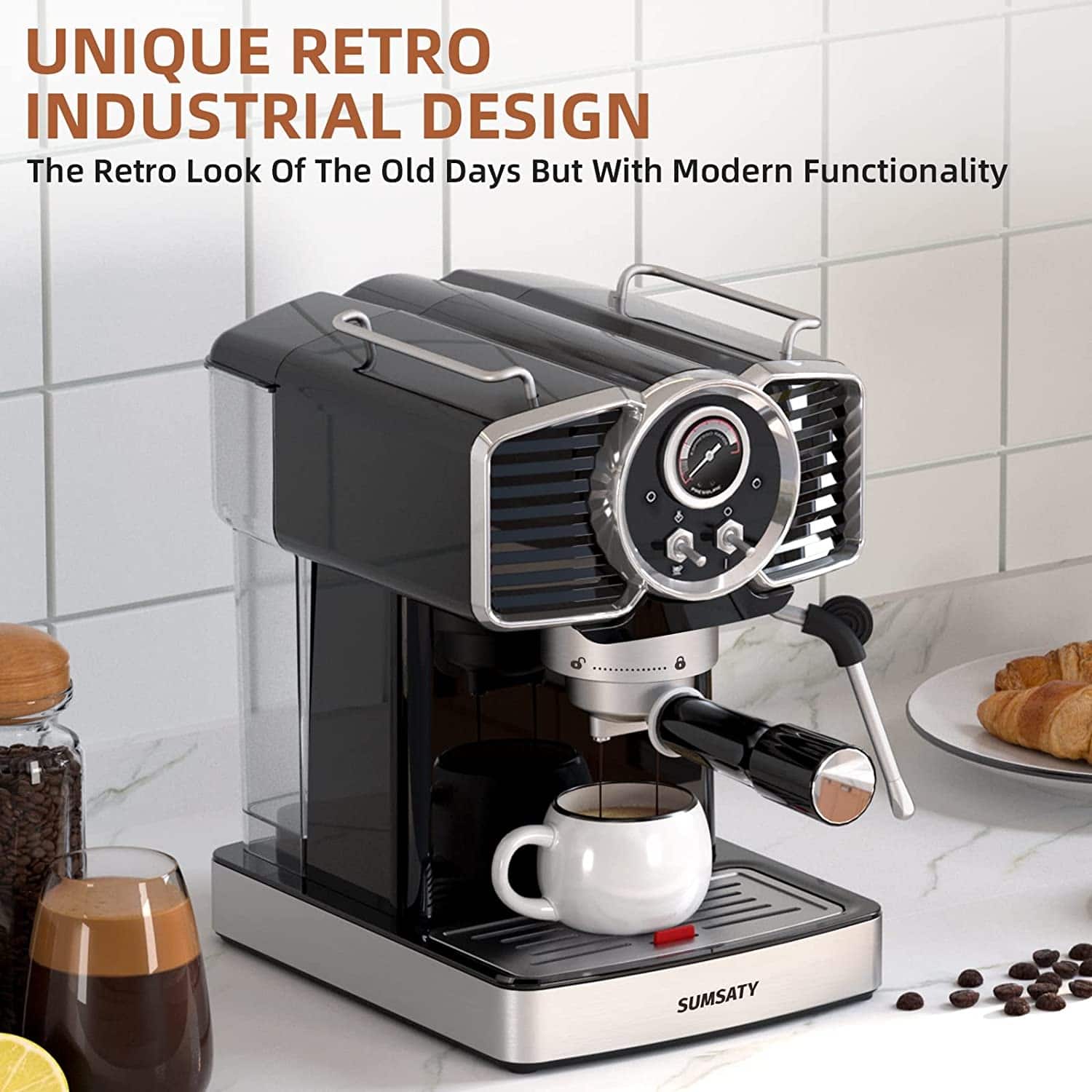 Espresso Coffee Machine 20 Bar, Retro Espresso Maker with Milk Frother