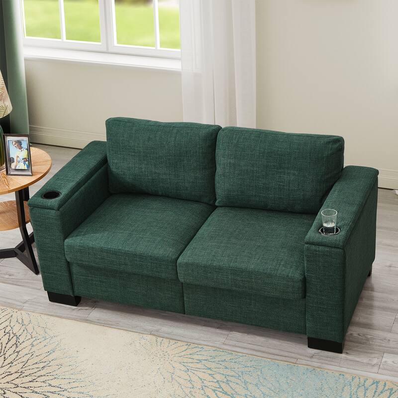 Living Room Fabric Couch Loveseat Sofa with Storage and Cup Holders