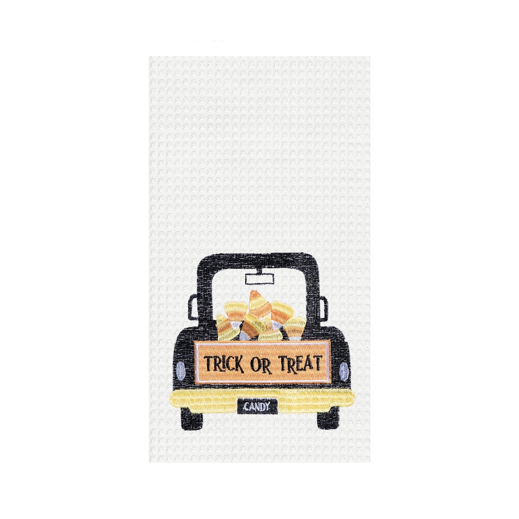 Trick or Treat Candy Corn Truck Halloween Embroidered Cotton Waffle Weave Kitchen Towel