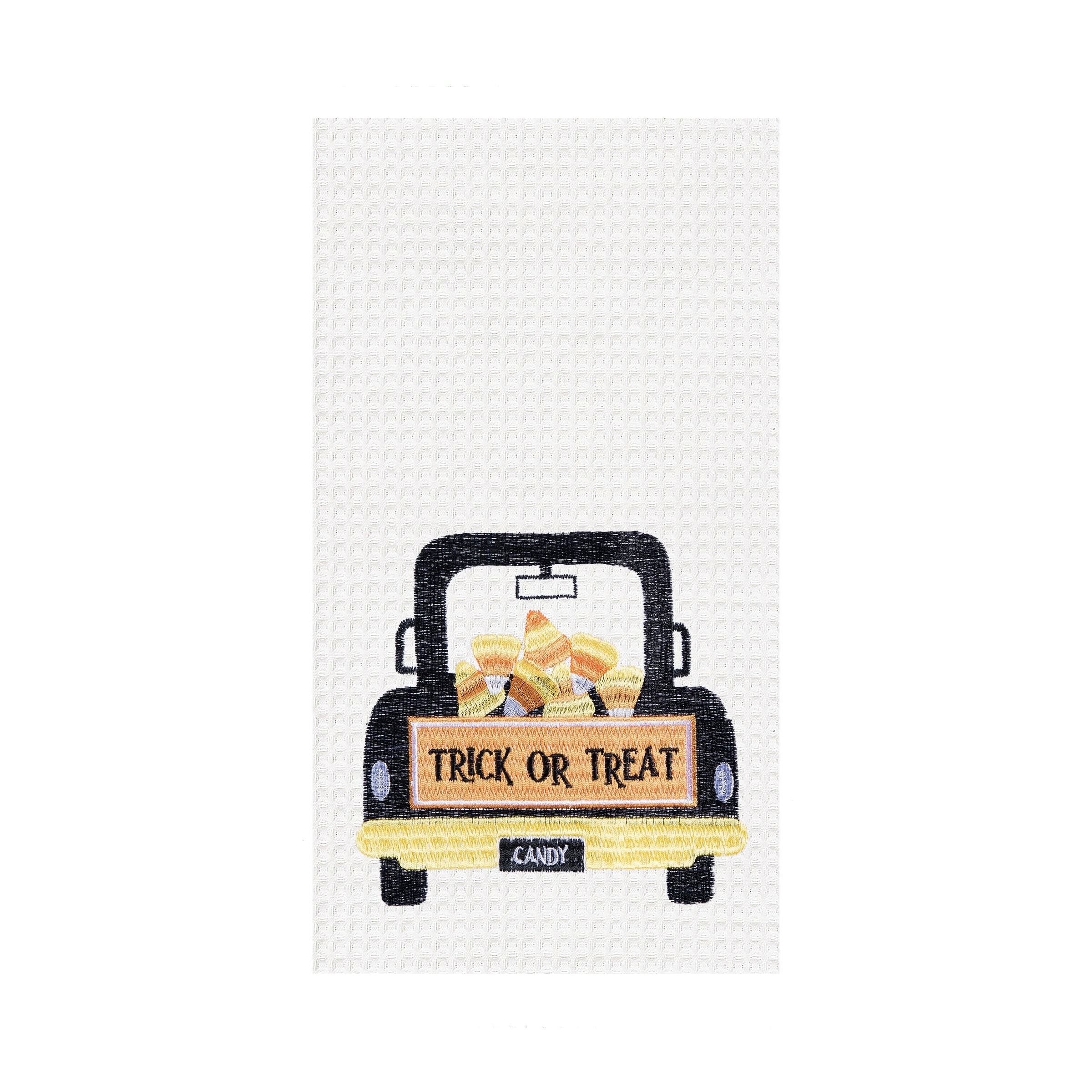 Trick or Treat Candy Corn Truck Halloween Embroidered Cotton Waffle Weave Kitchen Towel