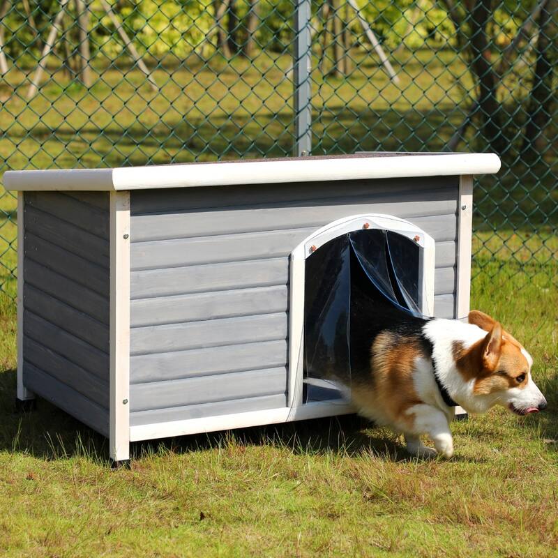 Large Wooden Outdoor Dog House with Waterproof Roof and Raised Floor - Grey