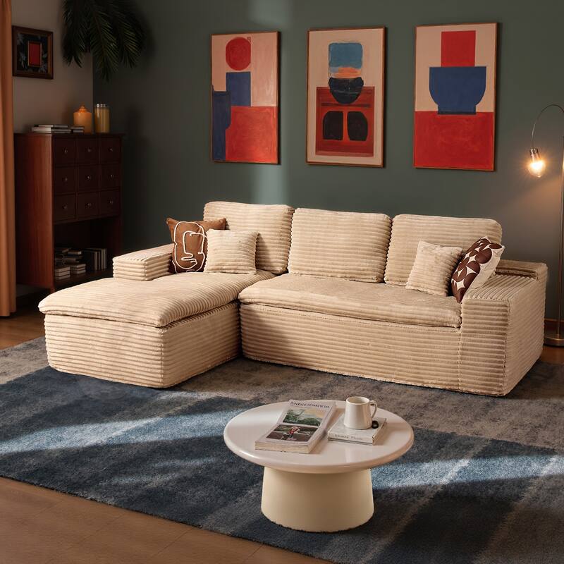 HOOOWOOO Modern Upholstered Fabric Sectional Sofa with Chaise - Plush-Beige