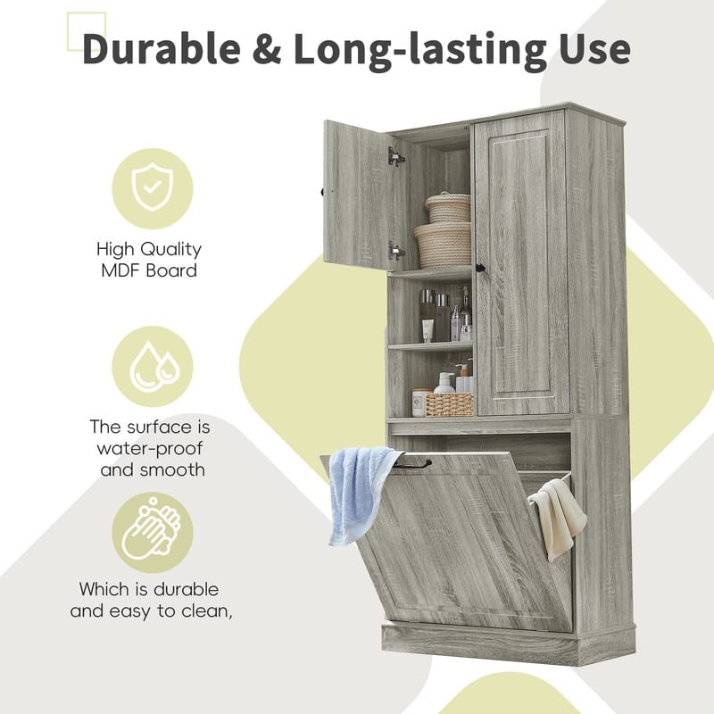 Tall Storage Cabinet with Adjustable Shelves, Large Flip-Out Basket & Enclosed Cabinets