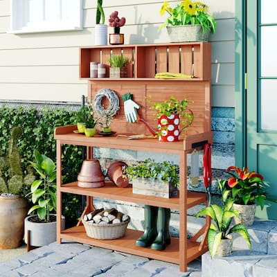 Roomfitters 65" Farmhouse Outdoor Potting Bench Table with 4 Storage Shelves and Side Hook