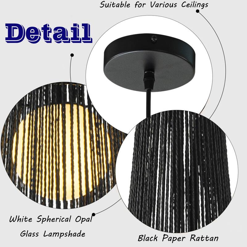 1-Light Modern Black Hand-Woven Rattan Chandelier Bubble Trasitional Cylinder Medium Natura Pendant Light For Bedroom