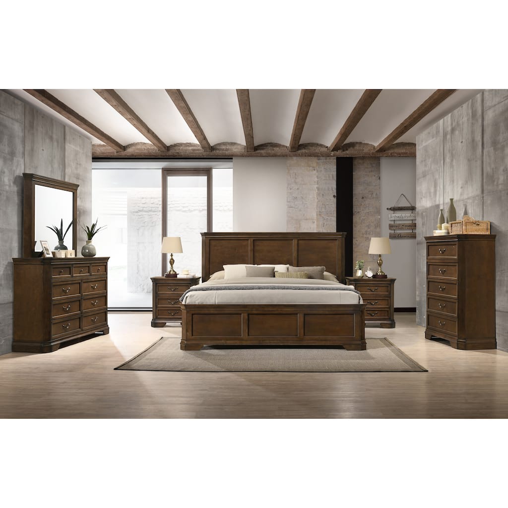 Maderne Traditional Wood Panel 6 pieces Queen Bed set with Dresser, Mirror, Two Nightstands, Chest