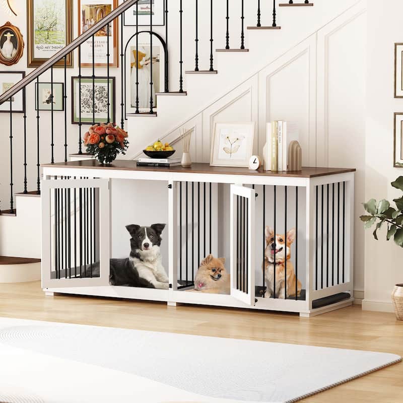 Large Dog Crate Furniture, 70.9"L Wooden Dog Crate Kennel with Divider