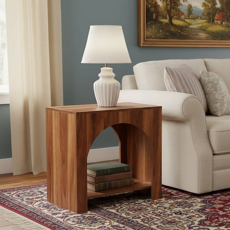 Farmhouse Side Table with Storage, Large Wooden Pedestal End Table - Brown - 2 Packs