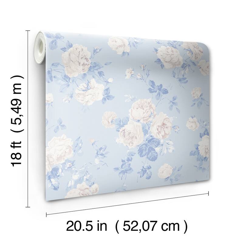 LoveShackFancy NuWallpaper Everblooming Rosettes Whisper Blue Cabbage Rose Bouquets Peel and Stick Wallpaper