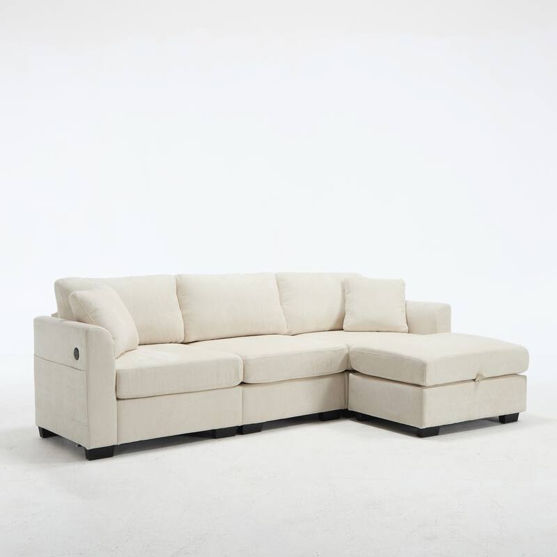 L-Shaped Modular Sectional Sofa with Storage Ottoman, 97" Chenille Corner Couch with USB Ports, Side Pockets