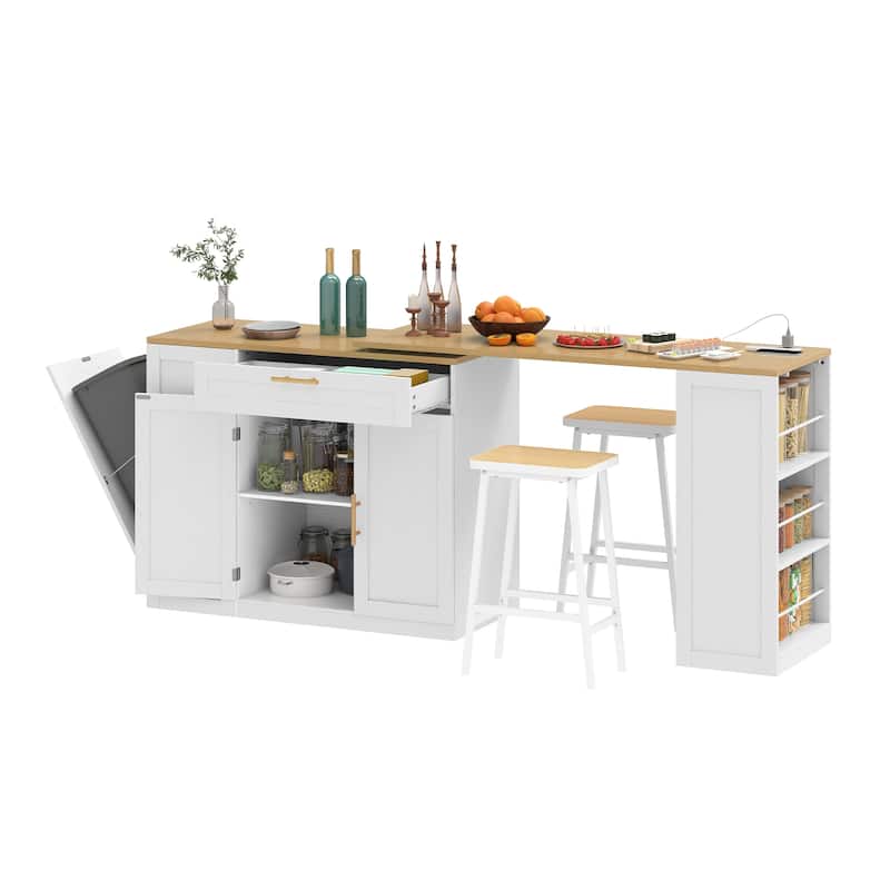 Moasis Rolling Kitchen Islands Cart with Extendable Dining Table and 2 Stool & Trash Cabinet