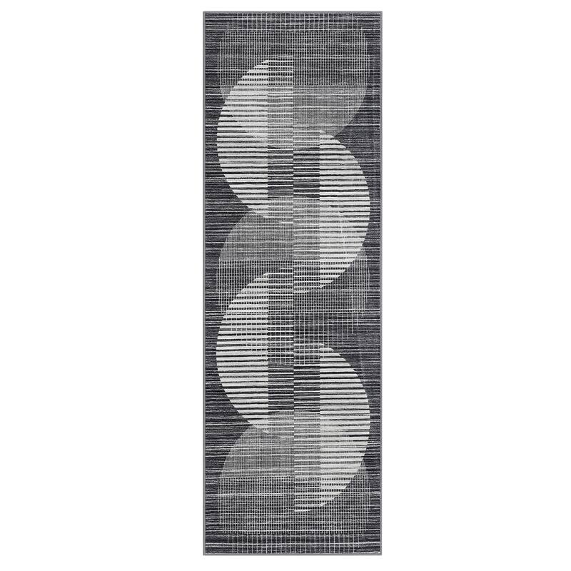 Washable Area Rugs Living Room Modern Geometric Stripes Rug Non Slip Low Pile Semi-Circle Pattern Rug