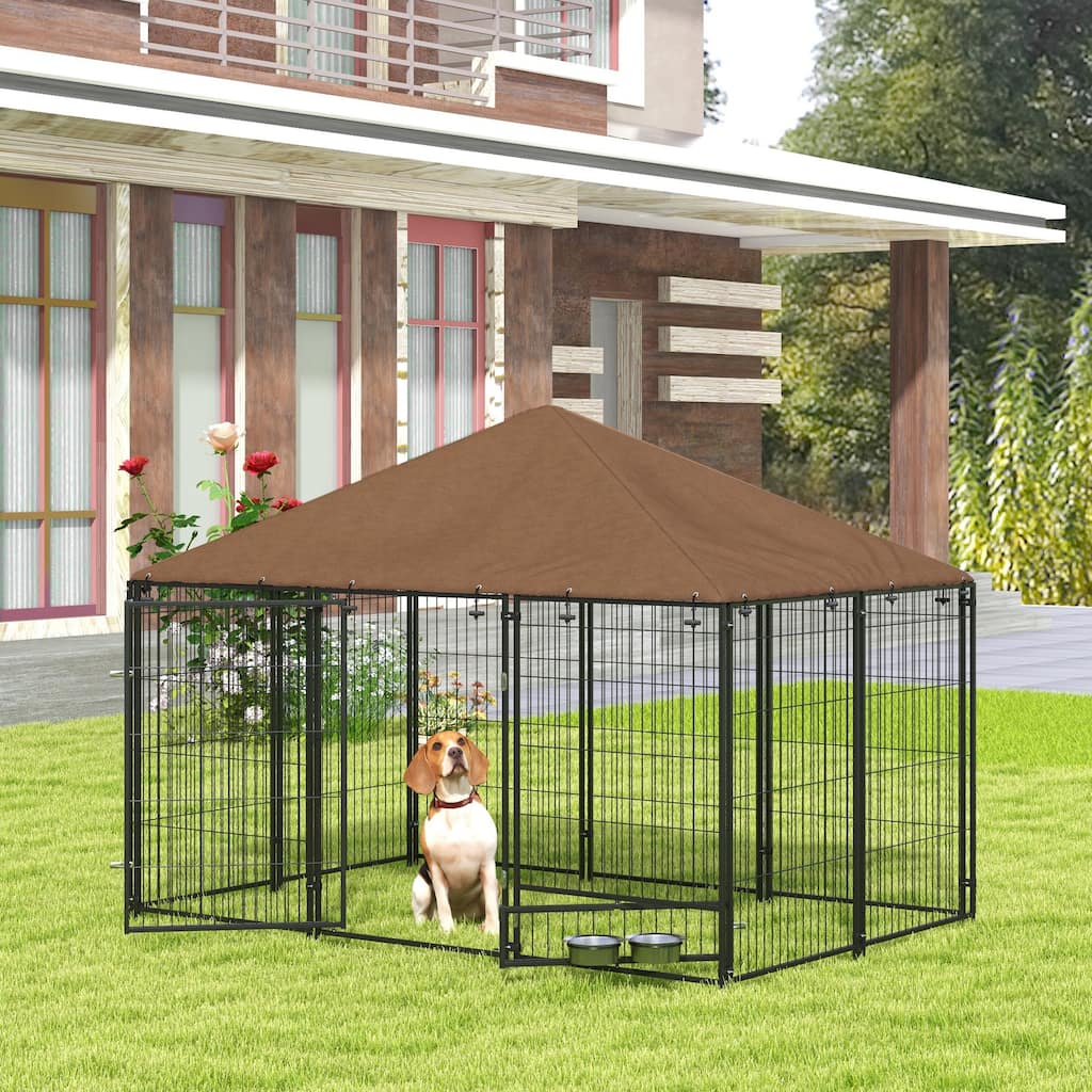 PawHut Outdoor Dog Kennel, Welded Wire Puppy Playpen with Canopy, Secure Lock, Rotating Bowl, 6.9' x 4.6' x 5'