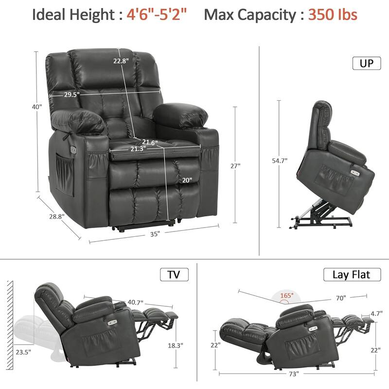 MCombo Dual Motor Small Power Lift Recliner Chair for Elderly, Lay Flat Lift Chair with Heat and Massage, Faux Leather 7893