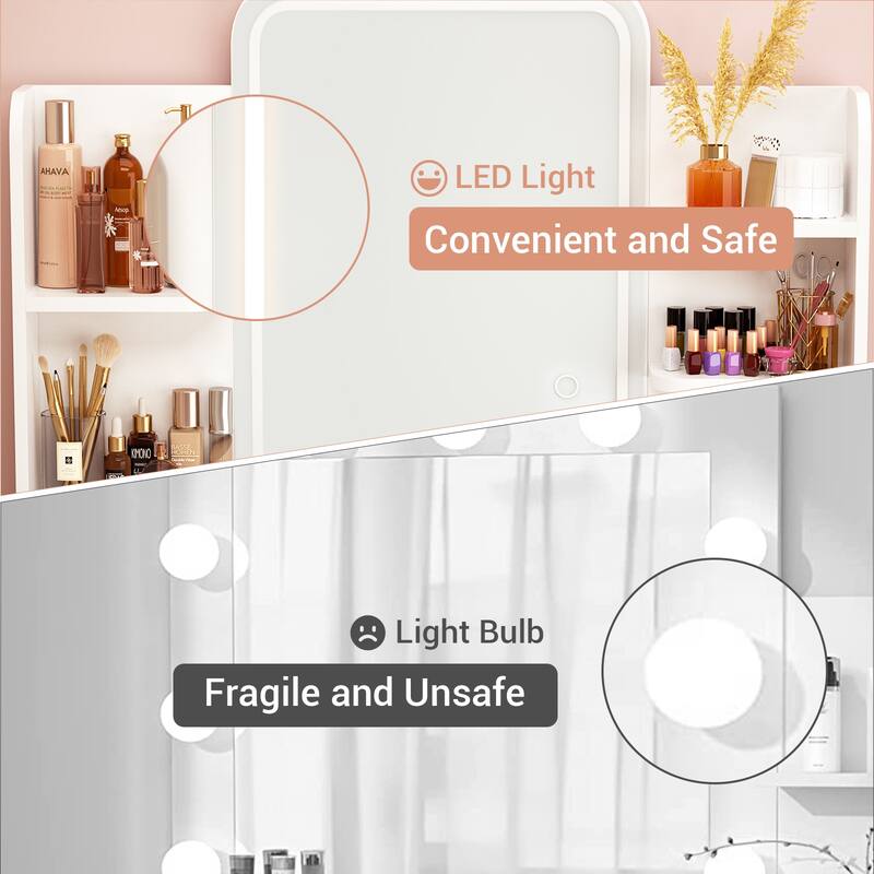 Vanity Table with LED Mirror, Kid's Makeup Vanity Desk with 2 Storage Drawers