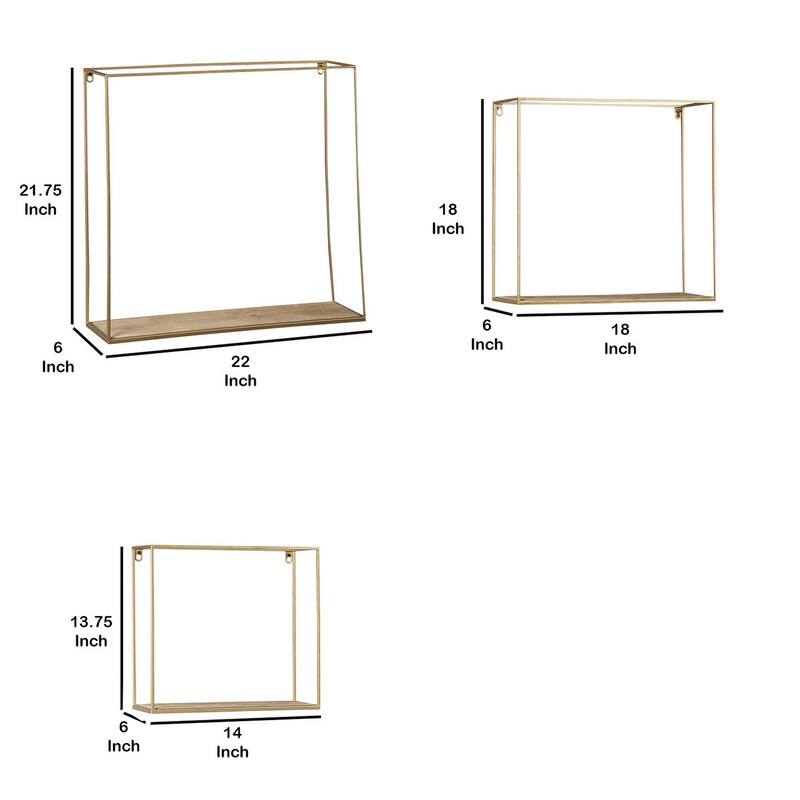 Metal Frame Wall Shelf with Keyhole Hanger, Set of 3, Gold