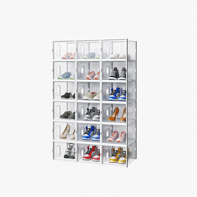 18-Pack Stackable Plastic White Modular Shoe Storage Boxes for Closet or Bedroom - 35 x 25 x 19 cm
