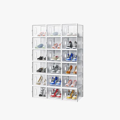 18-Pack Stackable Plastic White Modular Shoe Storage Boxes for Closet or Bedroom - 35 x 25 x 19 cm