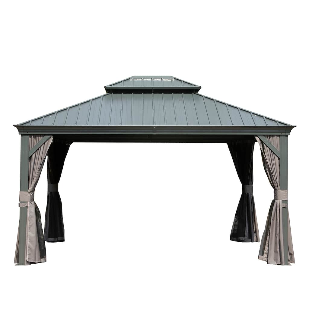 10' X 12' Hardtop Metal Gazebo with Double Roof, Aluminum Frame, Curtains and Netting for Patio, Deck, Garden, Grey