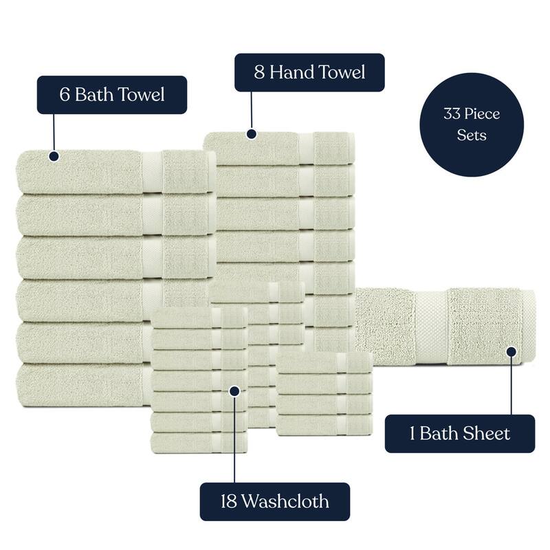 Delara Organic Cotton Luxuriously Plush Bath Towel 33 Piece Set, GOTS & OEKO-TEX Certified, 650 GSM Long Staple