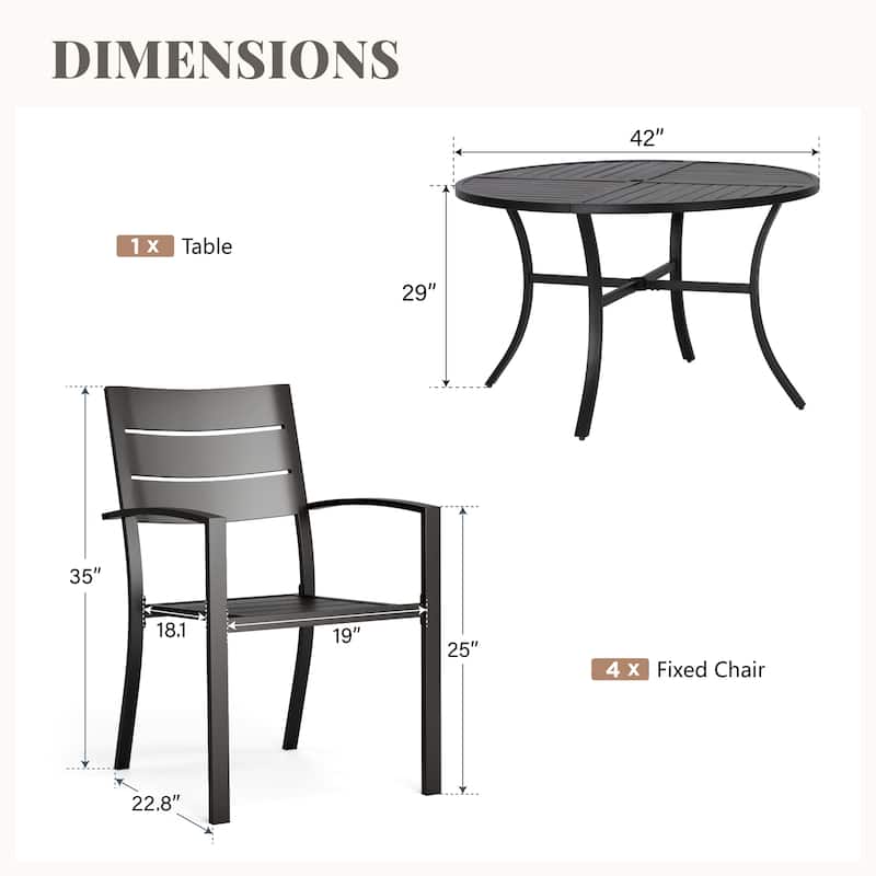 MAISON ARTS Outdoor 5 Pieces Dining Set Metal Table with Umbrella Hole & Stackable Patio Dining Chairs