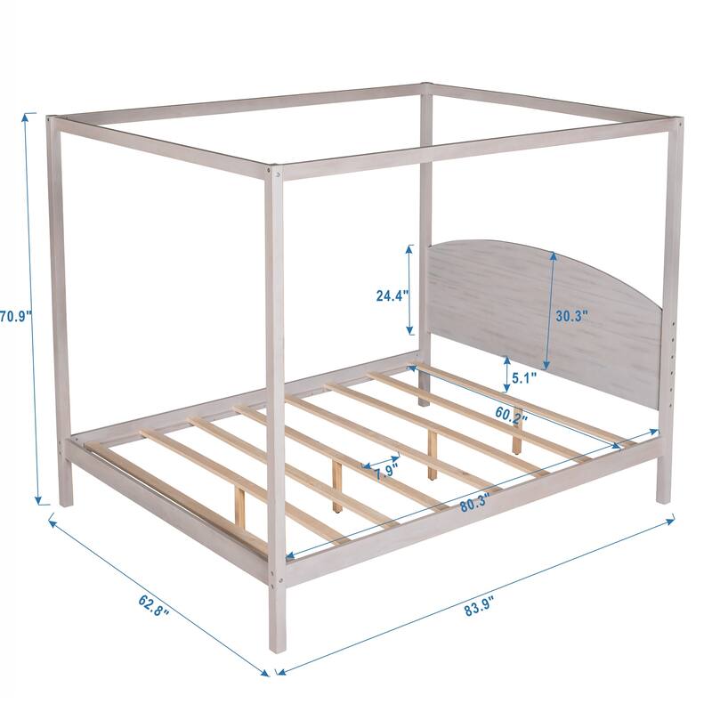 Canopy Platform Bed with Headboard, Queen/King Size, Wooden Slats, and Under-Bed Storage