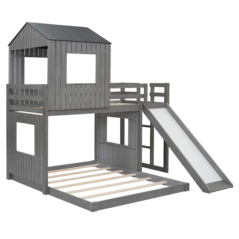 Playhouse Twin Over Full Bunk Bed with Windows and Slide, Solid Pine Wood Frame
