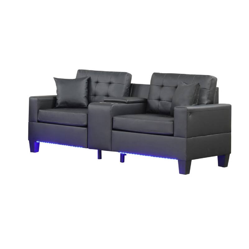 Iris Sofa with LED, USB Ports, Cupholders, Black Faux Leather 85 Inch