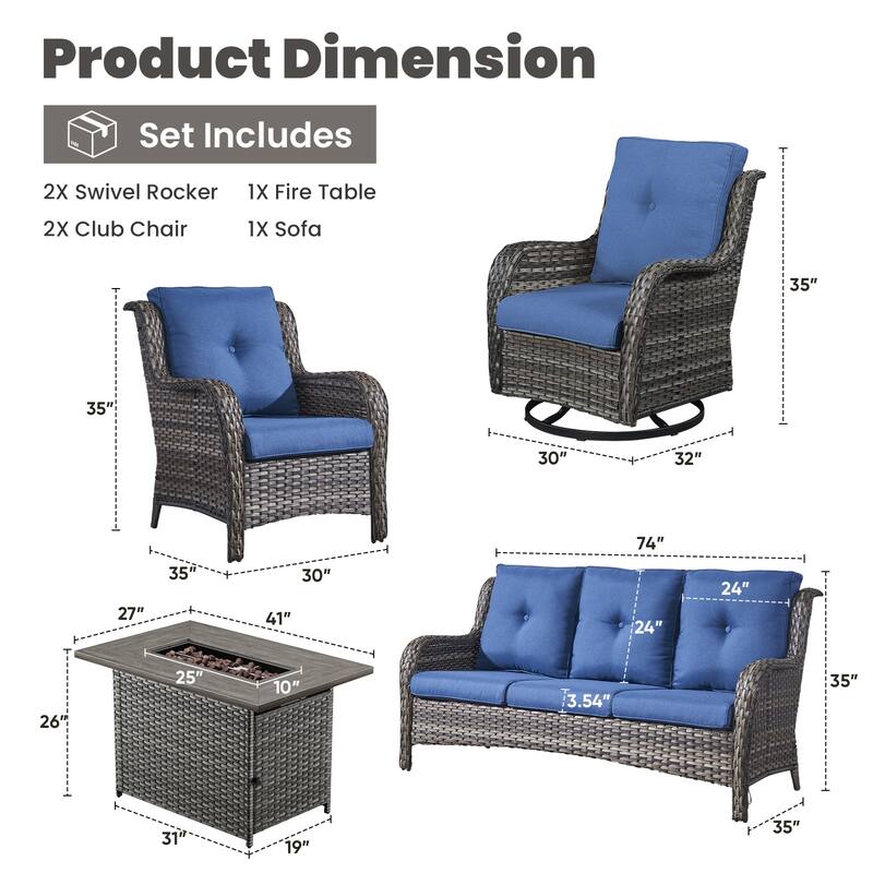 Gymojoy 6-Piece Outdoor Wicker Patio Furniture with Fire Pit, Rattan Coversation Set with Water Resistant Thick Cushions